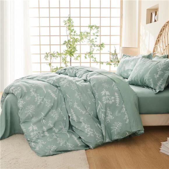 Duvet Cover Queen Size, Reversible Floral Green Duvet Cover Set - Picture 2 of 7